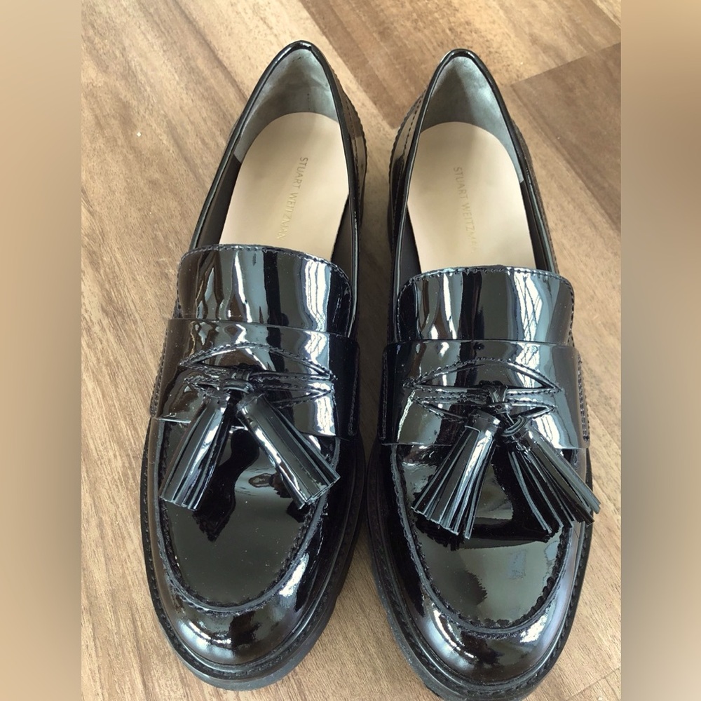 Stuart Weitzman Patent Leather Tassel Loafers - Black